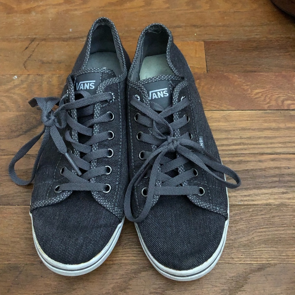 Gray Vans with checkered pattern on edges